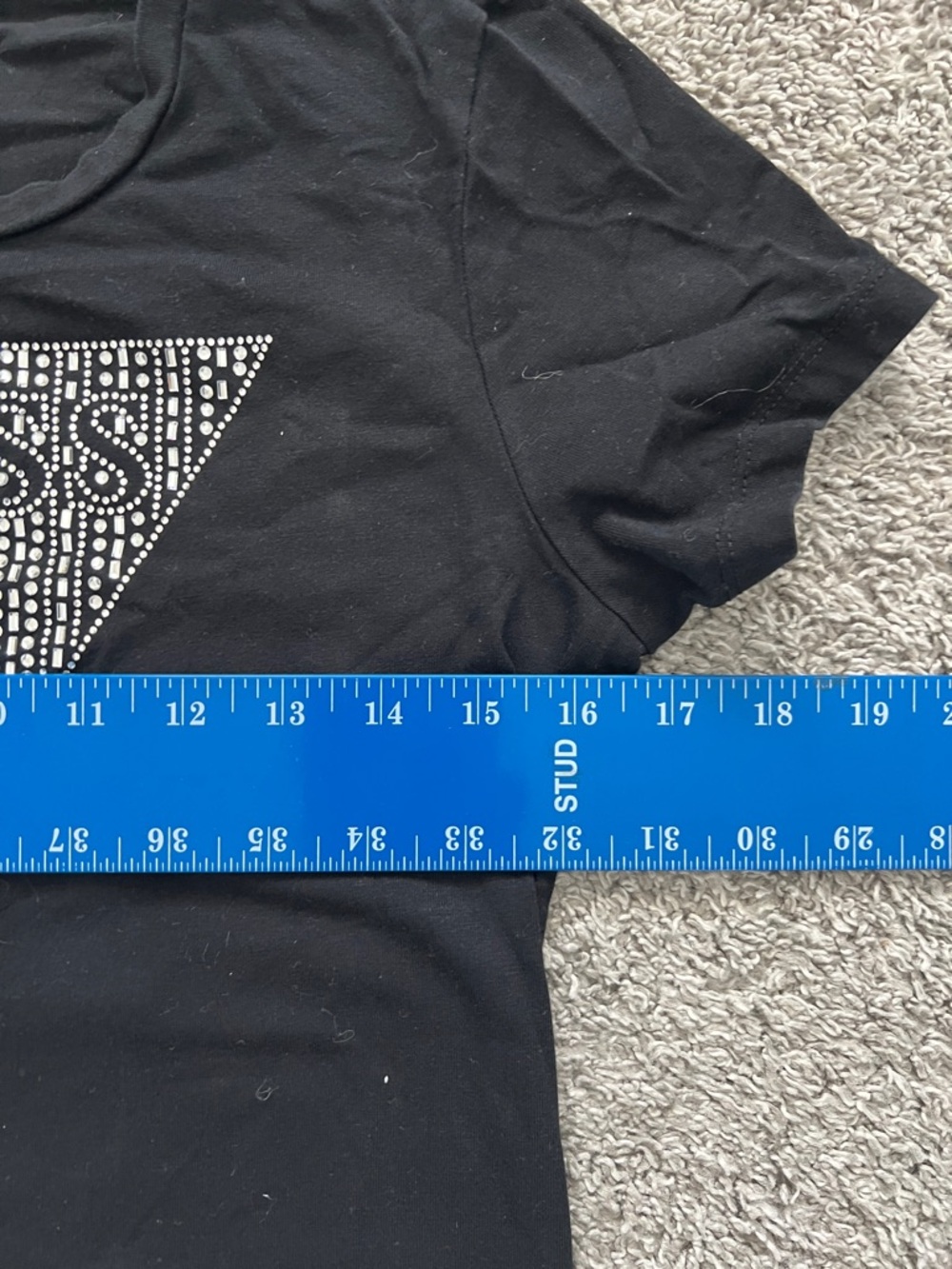 GUESS Women’s Black Short Sleeve Tee with Rhinestone Triangle Logo - Size M - Picture 5 of 7
